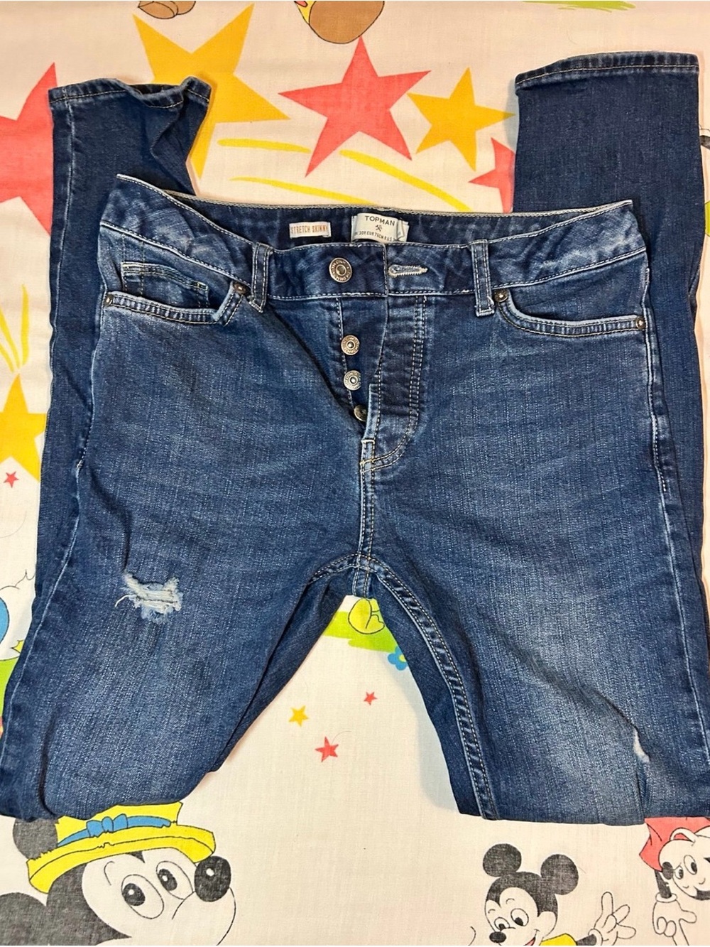 Topman Mens Dark Blue Skinny Distressed Button-Fly Jeans